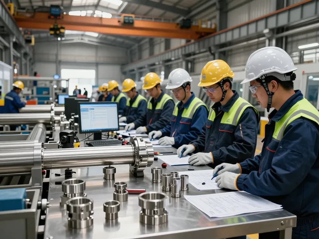 Engineers inspecting sumwin stainless steel pipes in a manufacturing plant.
