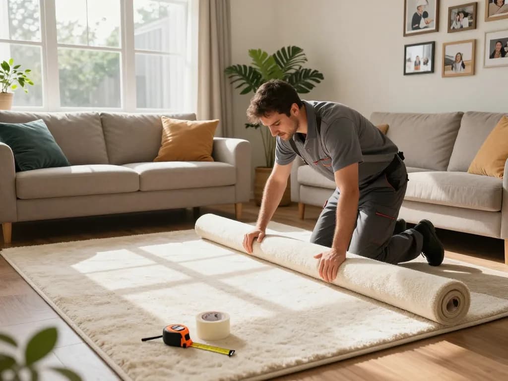 Home carpet fitting services in a warm living room installation with professional fitter.