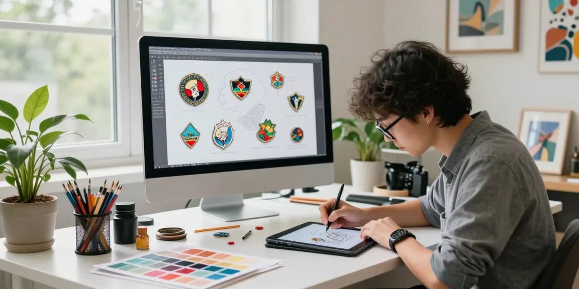 Designer creating unique custom pins with vibrant materials in a bright studio