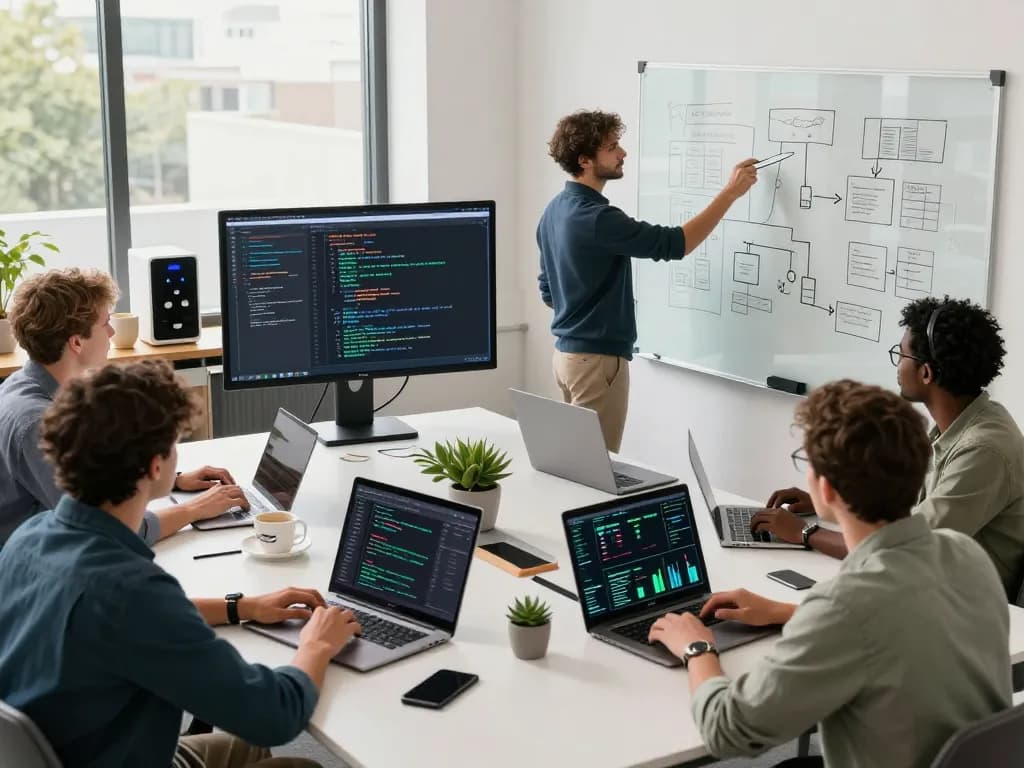 Collaborative software development team using Techsslaash com in a modern workspace