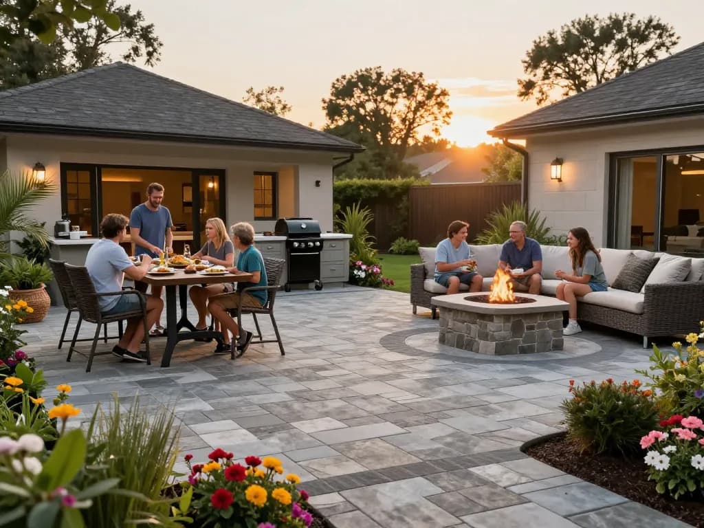 Gathering family around a paver patio, ideal search for Brick pavers near me.