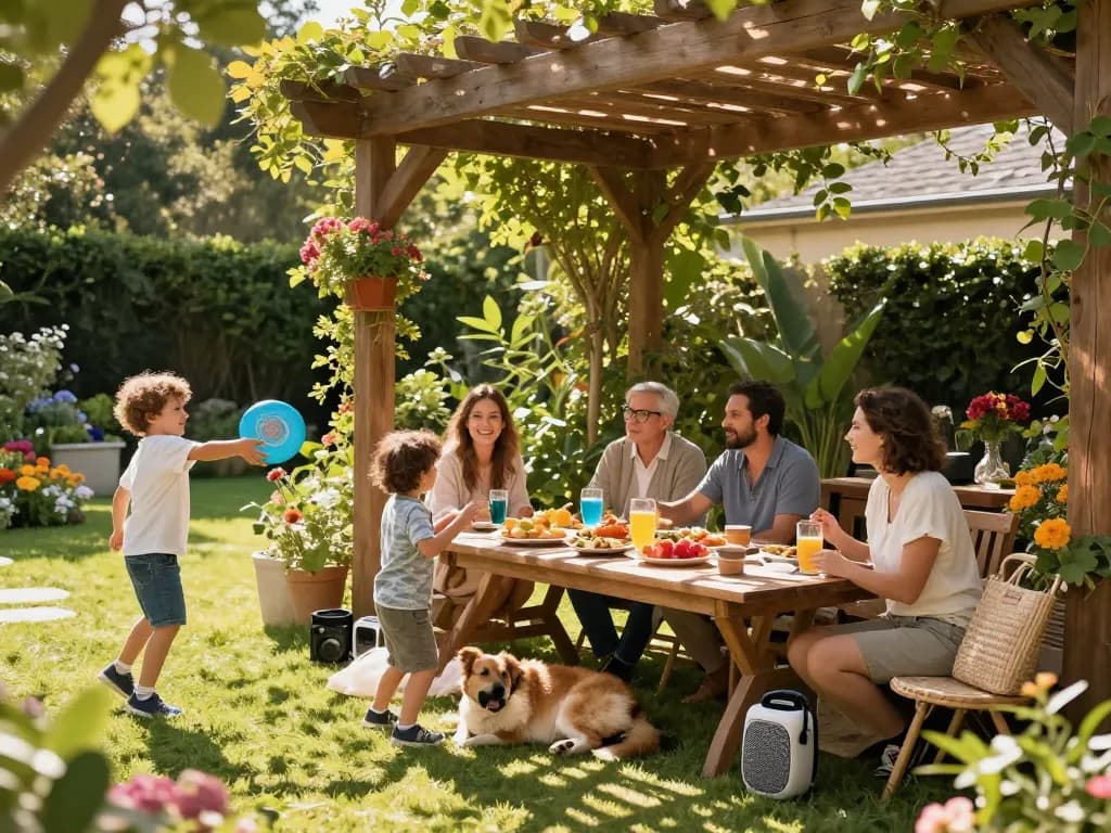 Pergola configurator showcasing a family enjoying a picnic under a beautifully designed pergola in a lush garden setting.