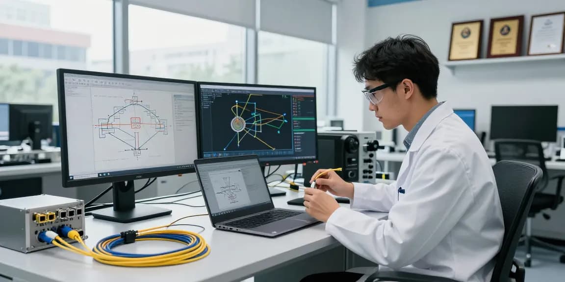 Engineer analyzing fiber optic connectors in a modern tech workspace, demonstrating innovative network connectivity solutions.