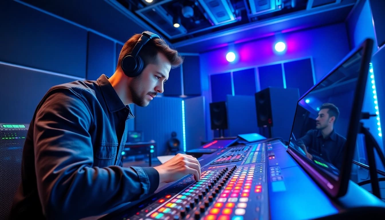 Engineer perfecting music tracks with online mastering techniques in a modern studio.