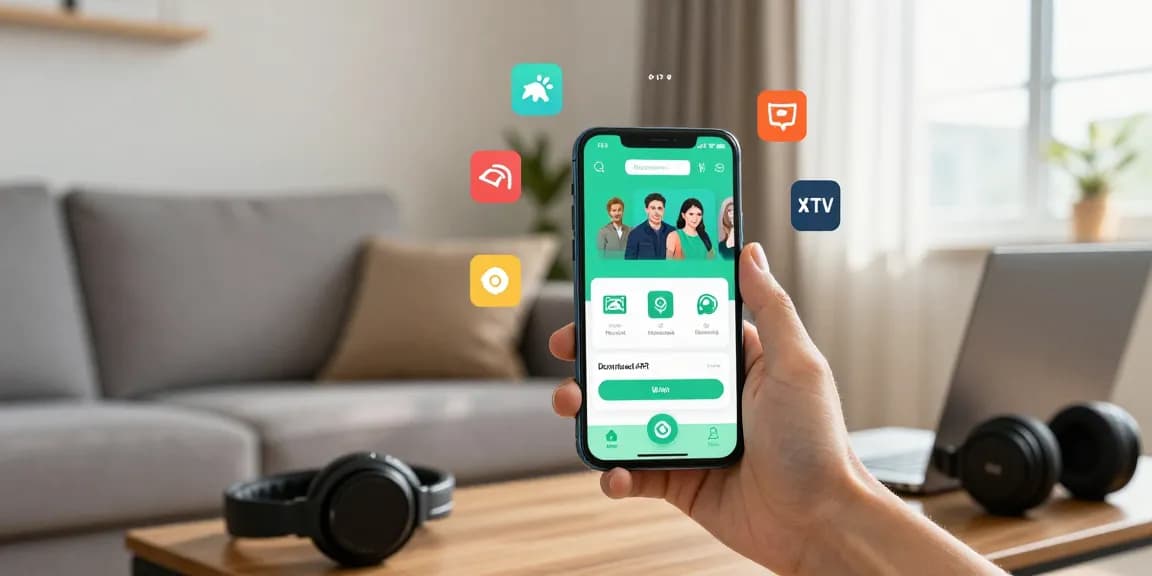 Engaging user exploring Vidmate APK for video and audio downloads in a cozy environment.