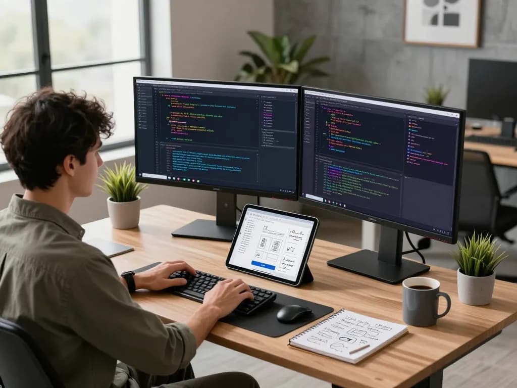 WPS software developer coding at a modern workspace with vibrant monitors