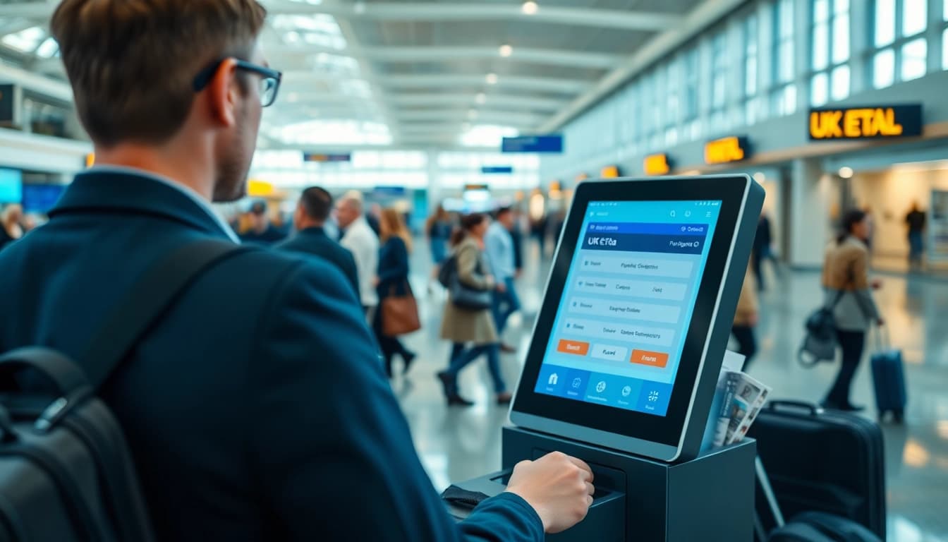 Engaging with uk eta online application at a modern airport kiosk.