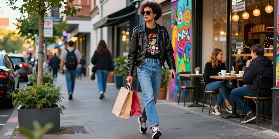 Dynamic urban fashion tips scene featuring a stylish individual showcasing modern streetwear.