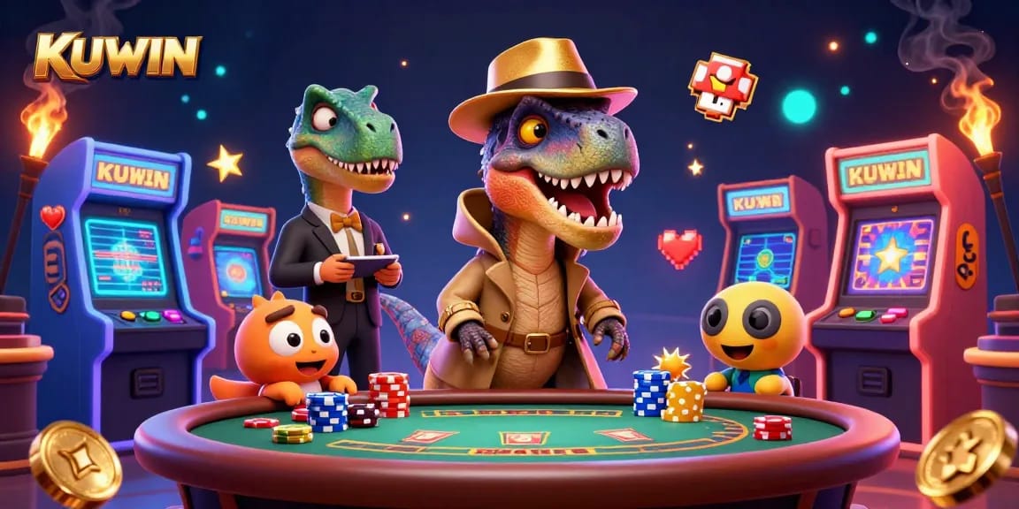 KUWIN players engage in thrilling blackjack while a sneaky compy steals chips in this vibrant casino illustration.