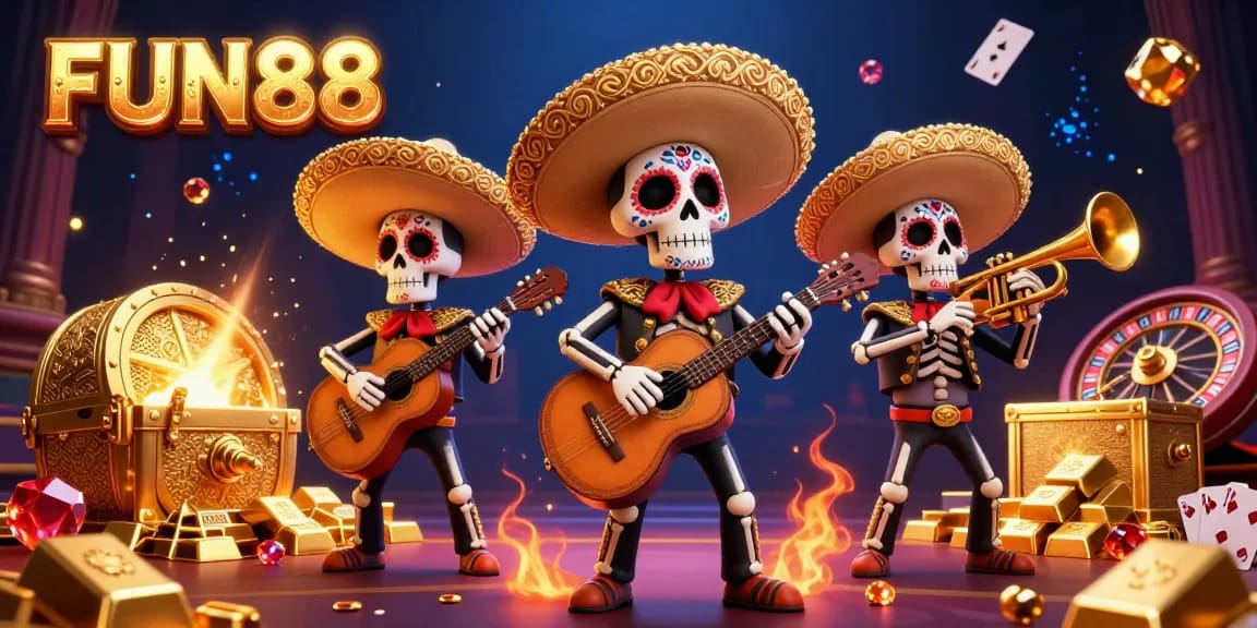 Engage with FUN88's vibrant live casino experience featuring skeleton mariachis amidst golden treasures.
