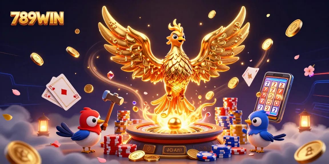 Win big with 789WIN: a captivating scene of a phoenix releasing golden coins and casino elements.