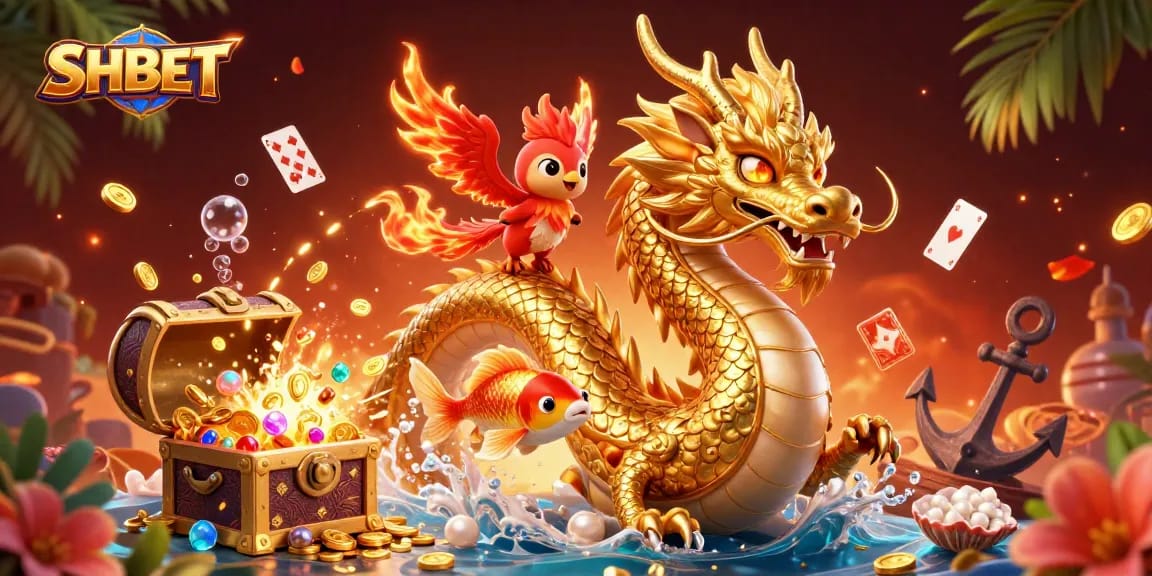 Experience thrilling wins at SHBET with an epic dragon, phoenix, and koi fish illustration.