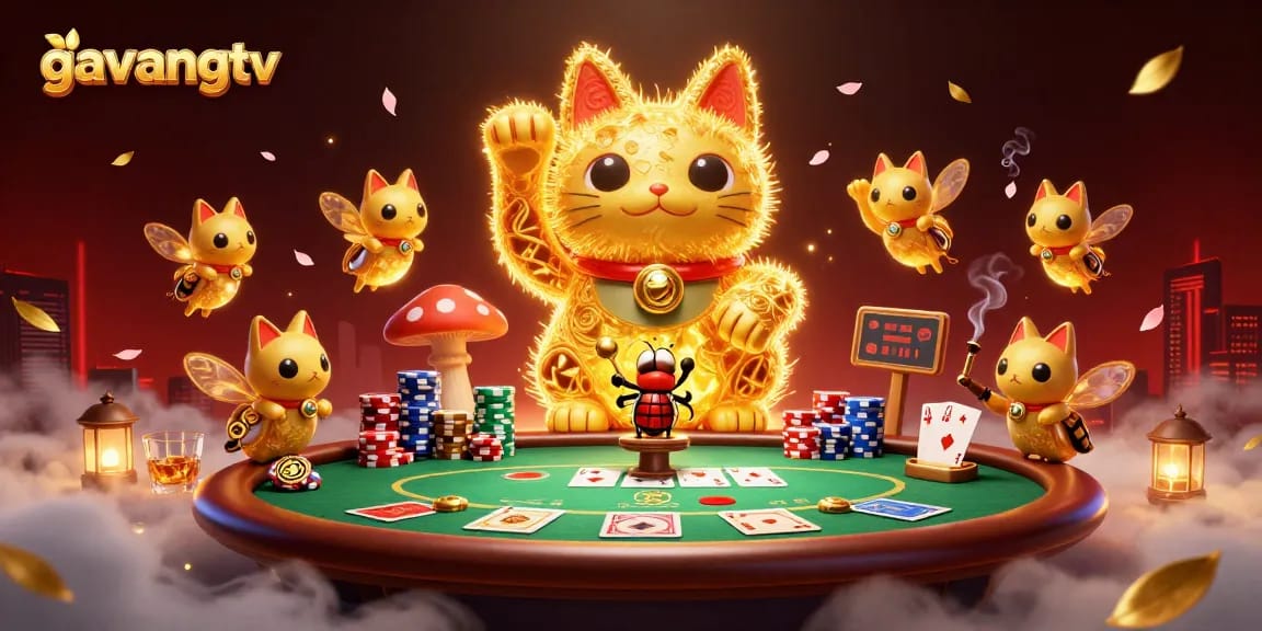 Experience the thrill with gavangtv's vibrant 3D illustration of a lucky cat and poker symbols