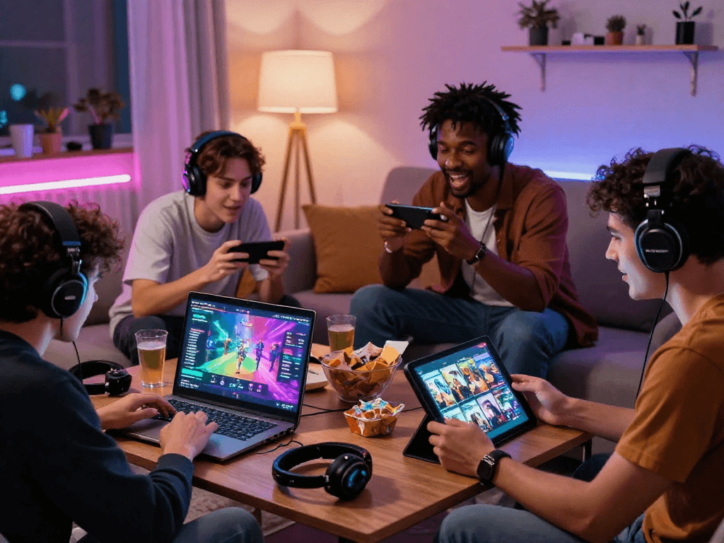 Engaging group playing porn games online in a cozy living room, showcasing gaming excitement.