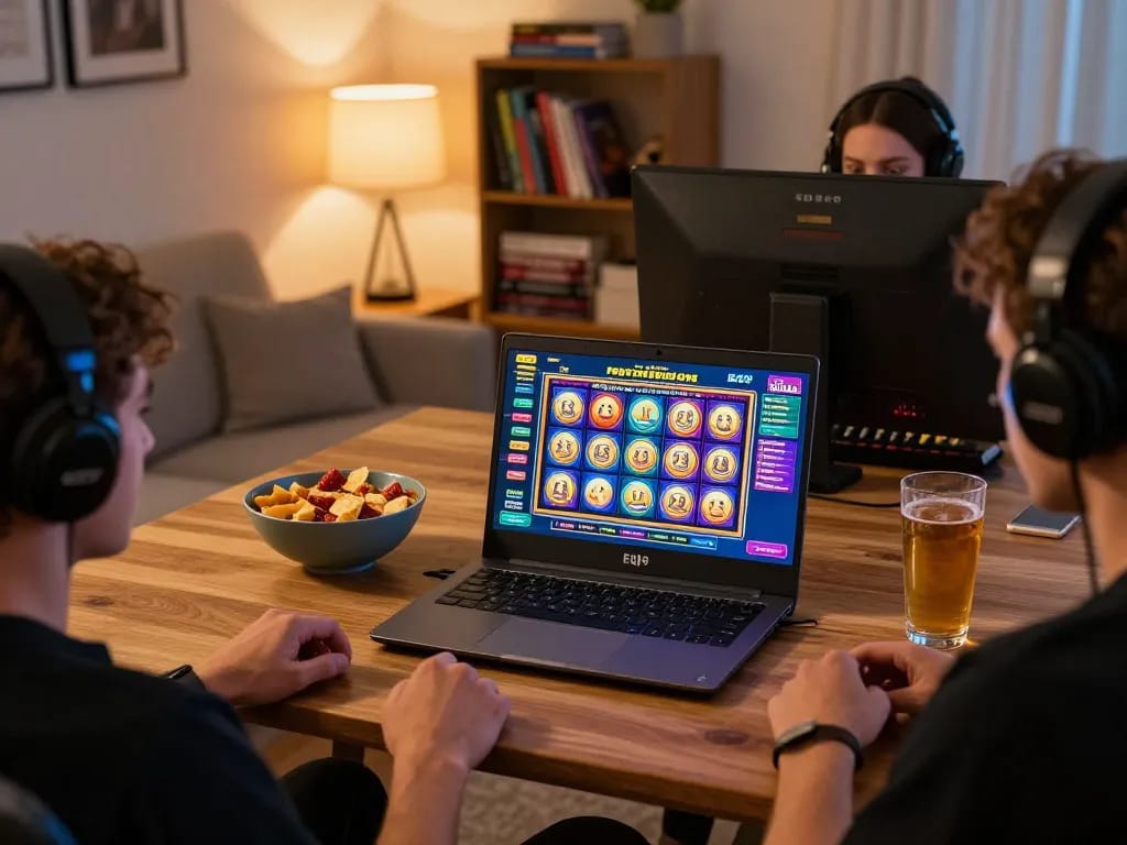 Player enjoys online gaming at EQ9 with vibrant slots on laptop, cozy home setting