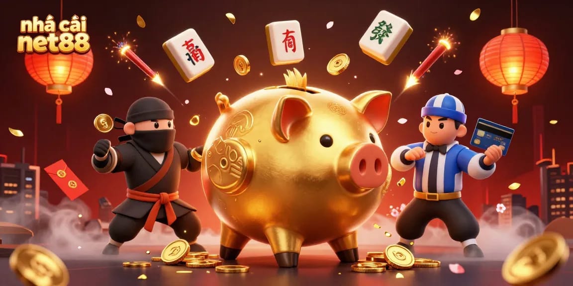 Engage with nhà cái net88 in a vibrant 3D casino scene featuring a golden piggy bank sumo wrestler.