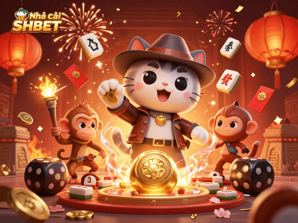 Engaging illustration of Nhà cái SHBET showcasing an explorer cat, treasure, and festive casino elements.
