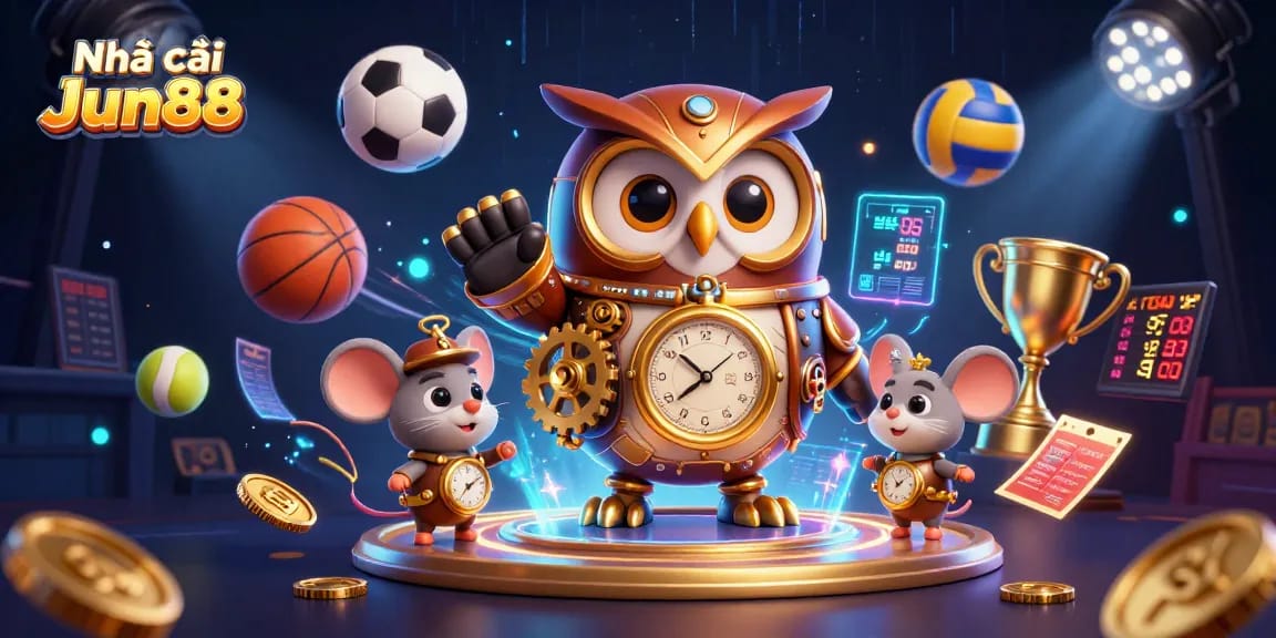 Engage in thrilling action with Nhà cái Jun88 as the time-traveling owl navigates a vibrant casino filled with dynamic sports elements.