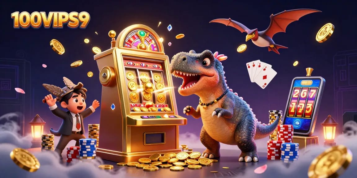 Experience the excitement at 100VIPS9 with cartoon dinosaurs and jackpots in a thrilling casino scene.