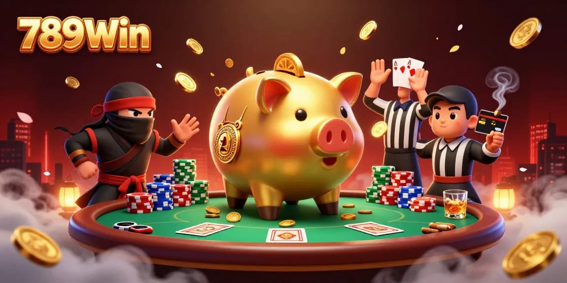 Engage in thrilling gameplay at 789Win with a dynamic scene of a sumo wrestler, ninja, and referee surrounded by poker elements.