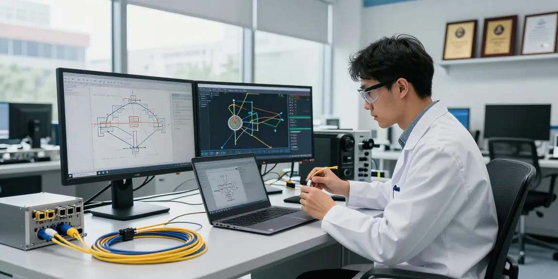Engineer analyzing fiber optic connectors in a modern tech workspace, demonstrating innovative network connectivity solutions.