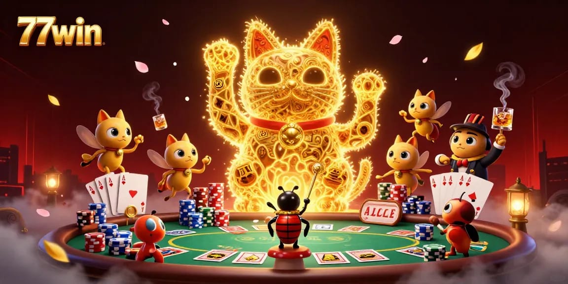 Engage in a thrilling 77win gaming experience with a dazzling illustration featuring a giant lucky cat and surreal casino elements.