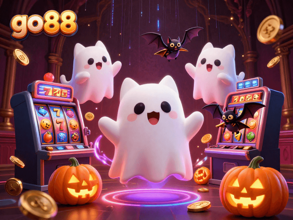 Engage with go 88's vibrant haunted casino world featuring ghostly characters and dynamic slot elements.