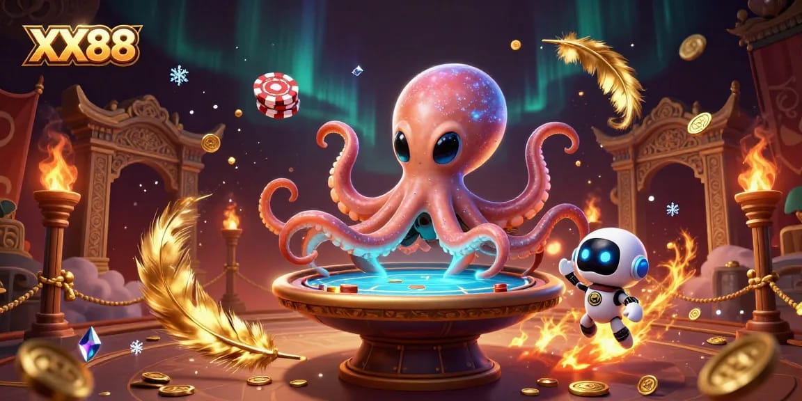 Experience epic gambling thrills with XX88's vibrant, 3D casino illustration featuring an alien octopus and poker action.