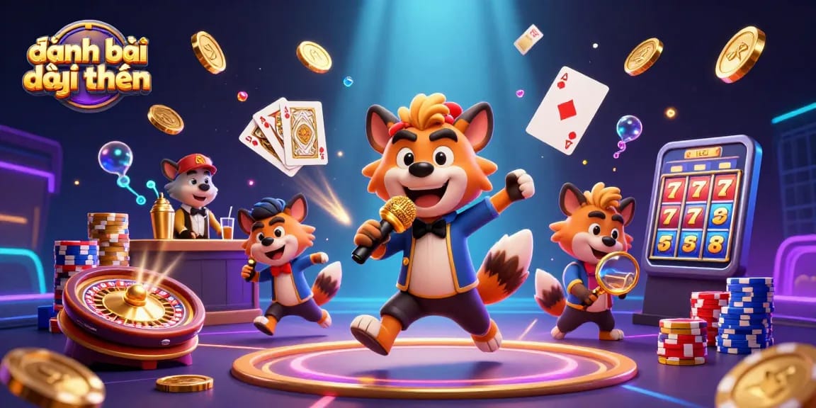 Engage in đánh bài đổi thưởng with a lively casino scene featuring hyenas, comedy, and vibrant gambling elements.