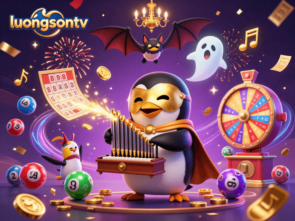Join the excitement at luongsontv with a lively lottery scene featuring colorful balls and golden elements.