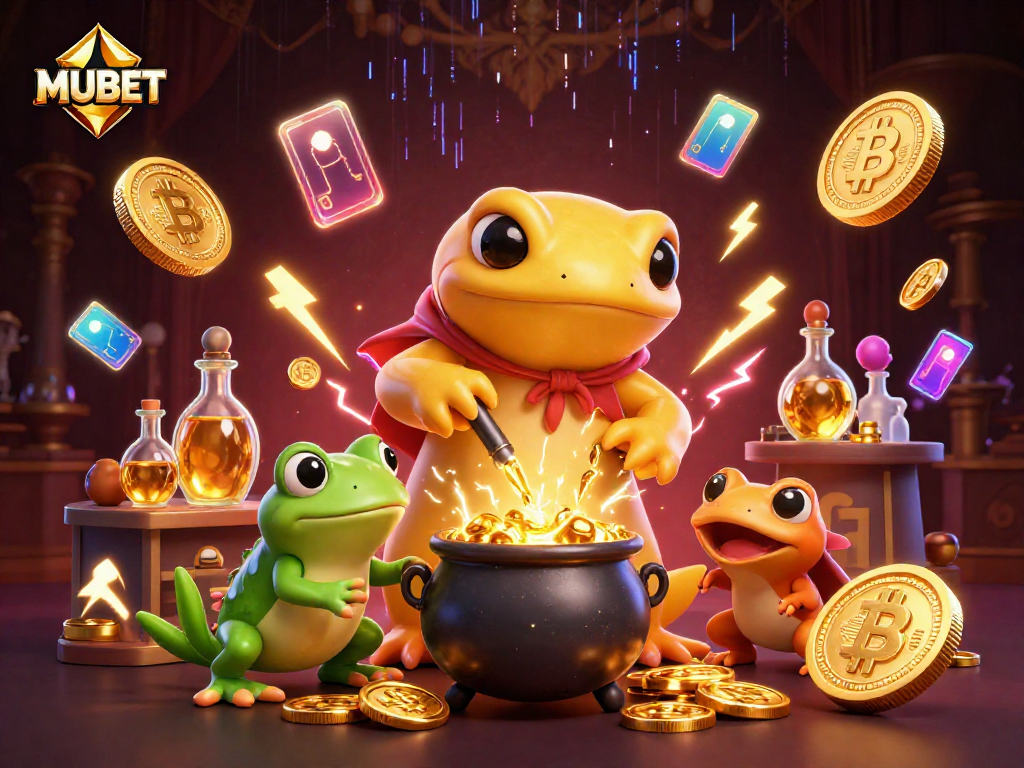 MUBET illustrates a golden salamander alchemist and frogs in a vibrant casino-themed alchemy scene.