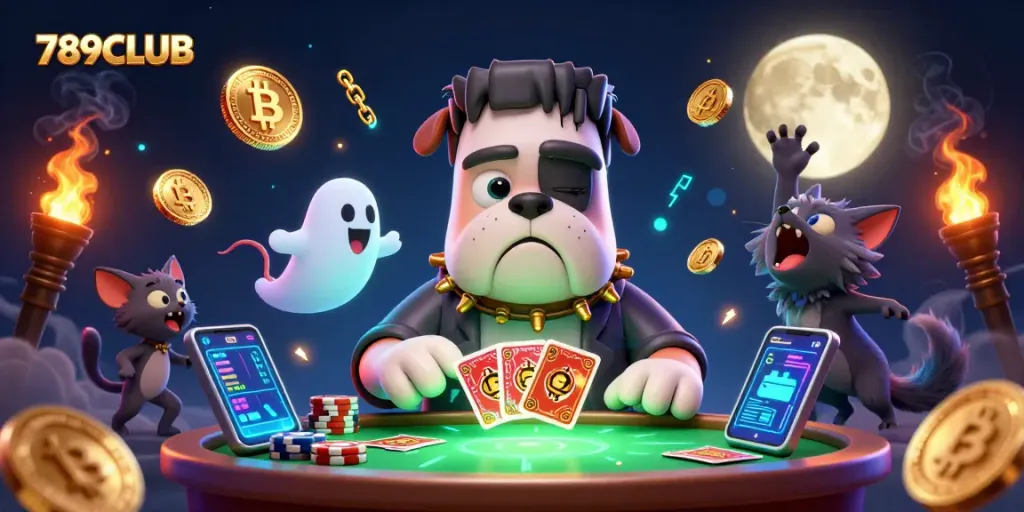 Engage with 789CLUB's thrilling card games at a spooky table, surrounded by vibrant crypto elements.