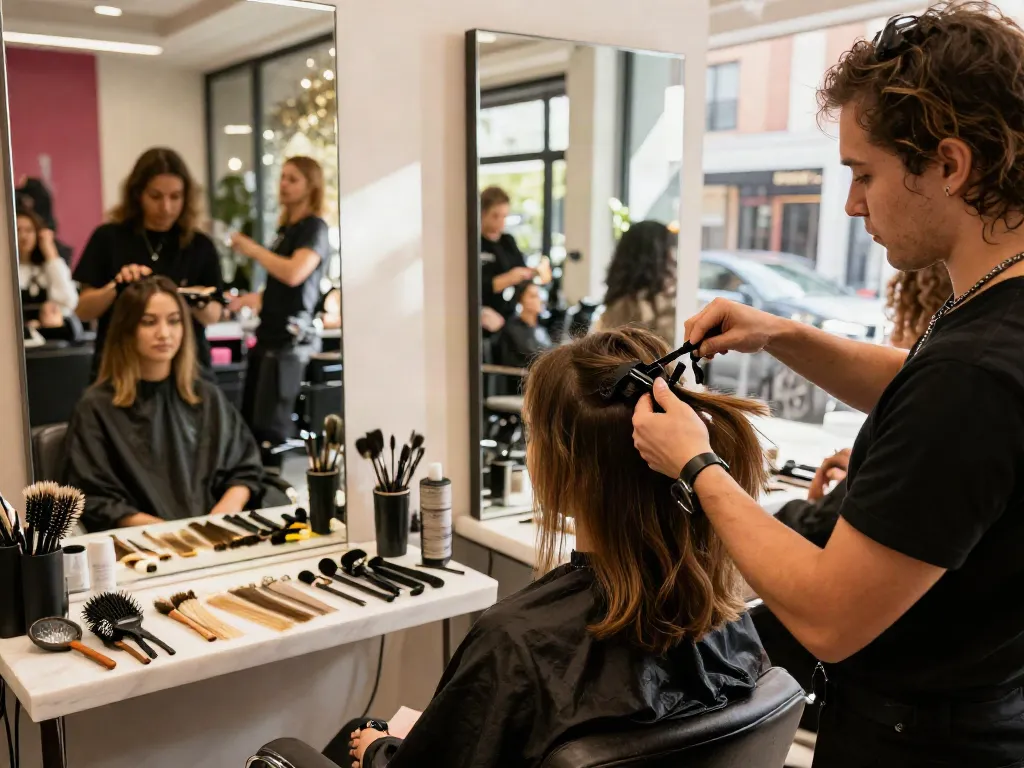 Stylist applying hair extensions in a vibrant salon setting for a stylish transformation.