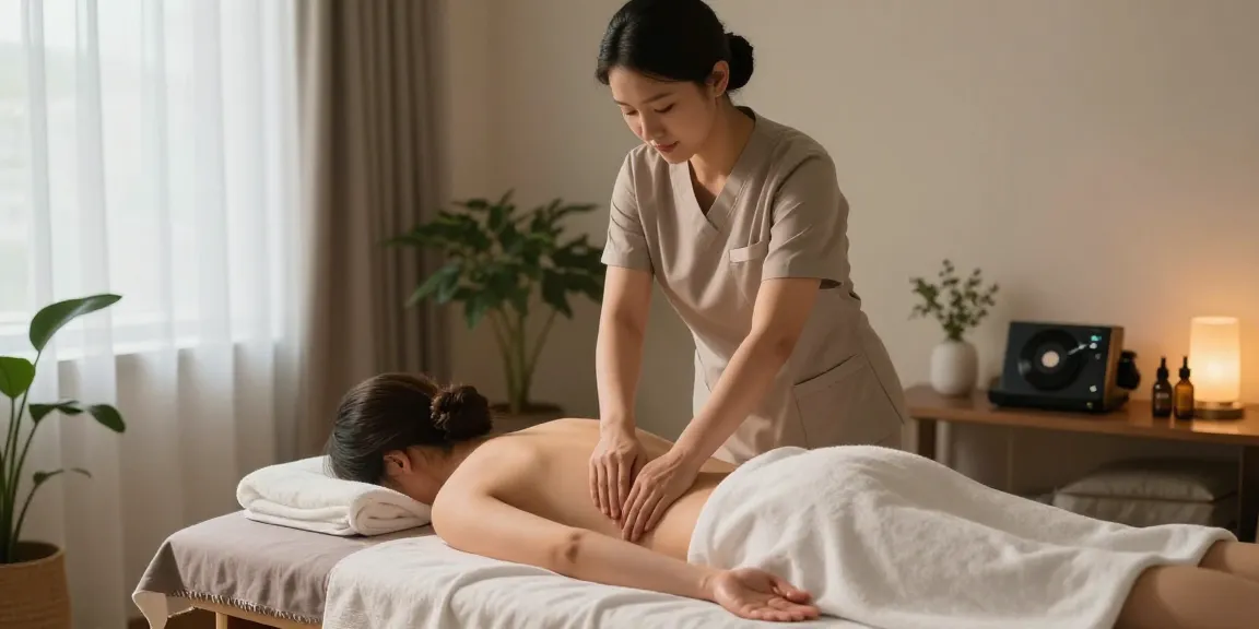 Relaxing home massage therapy session emphasizing 신림출장안마 with a therapist and client in a serene atmosphere using natural light and calming decor.