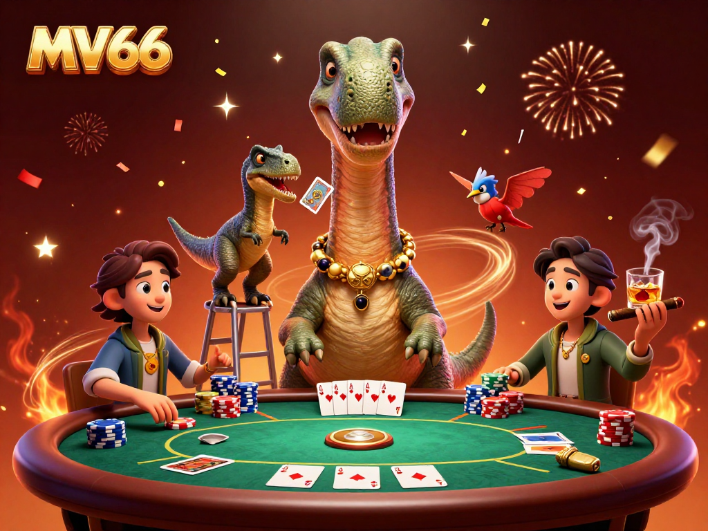 Join MV66 at the lively casino where a giant brontosaurus watches as a clever raptor deals cards.