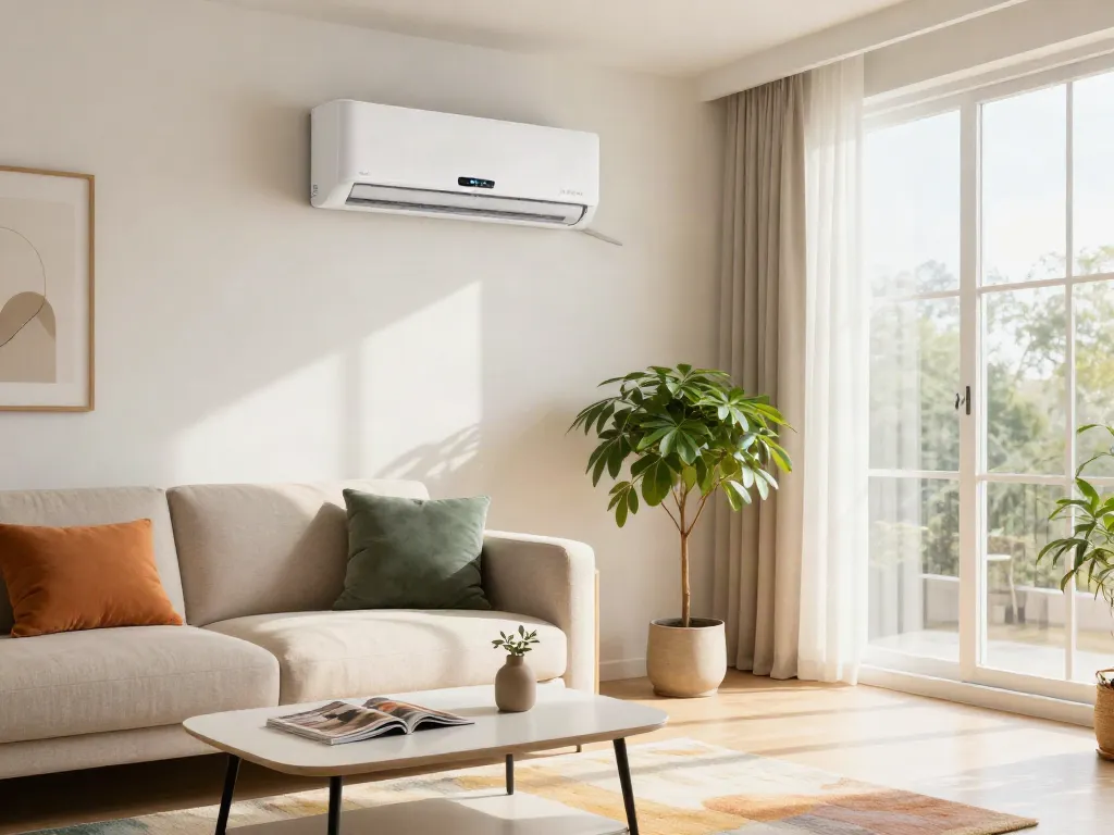 Modern living room with a mini split AC providing stylish cooling solutions