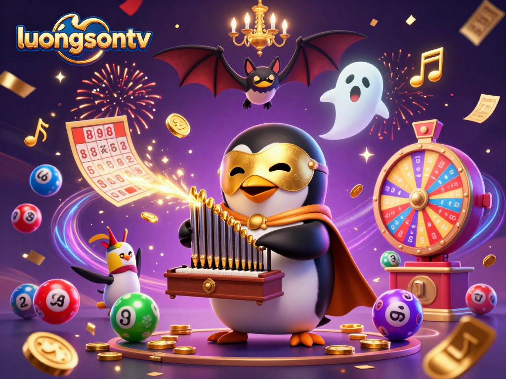 Join the excitement at luongsontv with a lively lottery scene featuring colorful balls and golden elements.