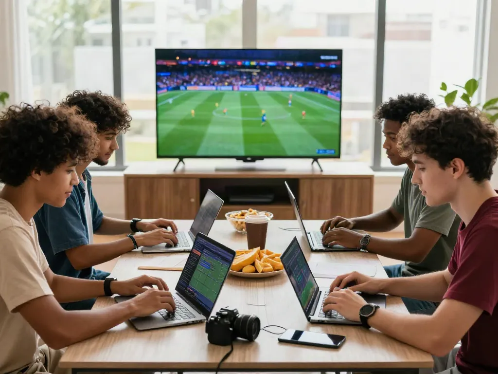 Friends excitedly using Link zbet on mobile devices while watching live sports event.