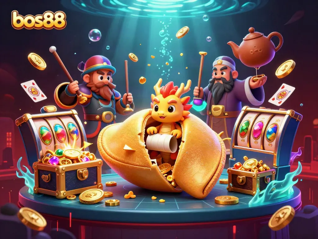 Engage with bos88's dynamic casino adventure featuring a golden fortune cookie and winning slot reels.