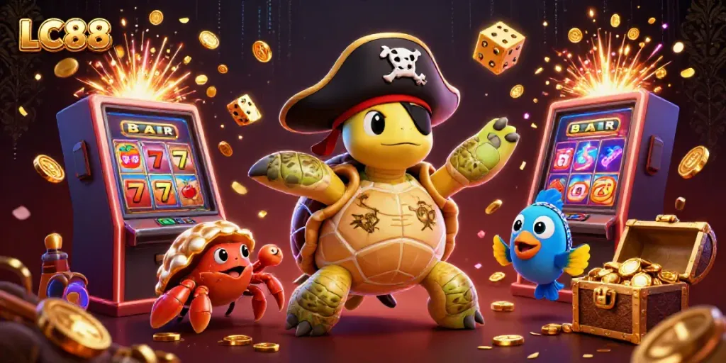 LC88 showcases a vibrant pirate-themed casino scene with a turtle, crab, and fish amid a slot machine explosion.