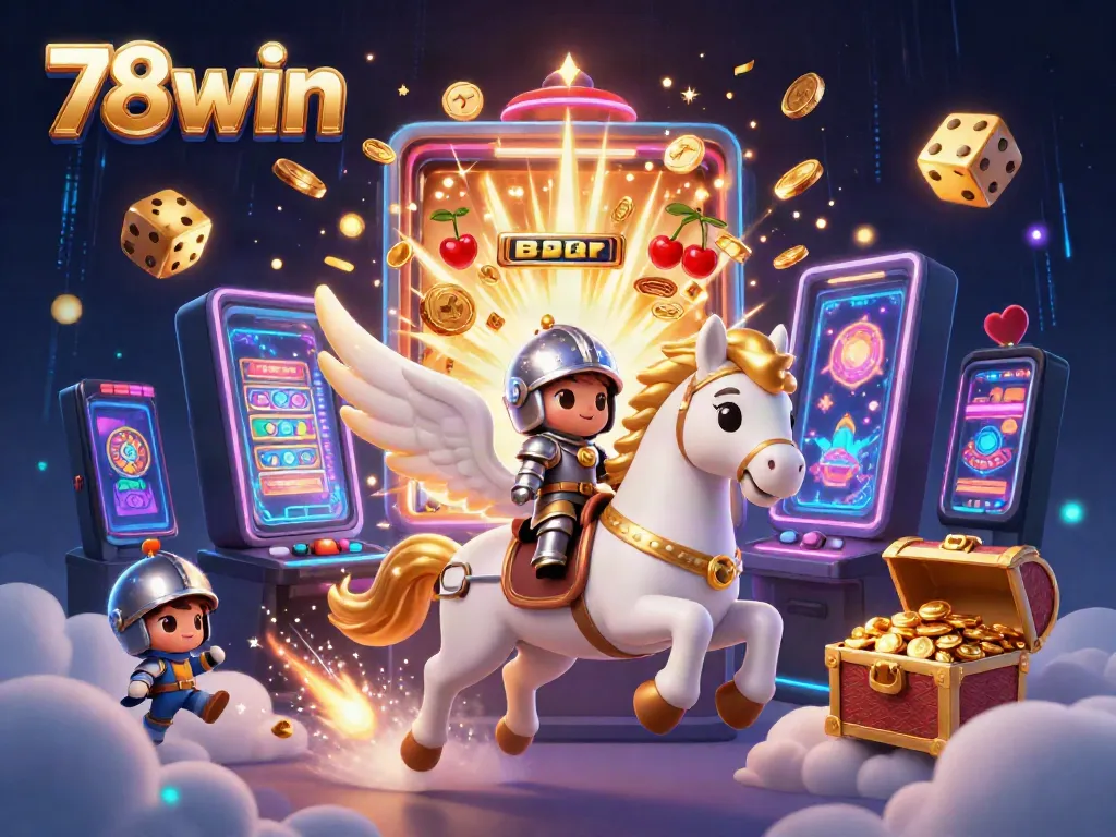 Experience the thrilling world of 78win with a dynamic illustration of avatars amidst slot machines and casino excitement.