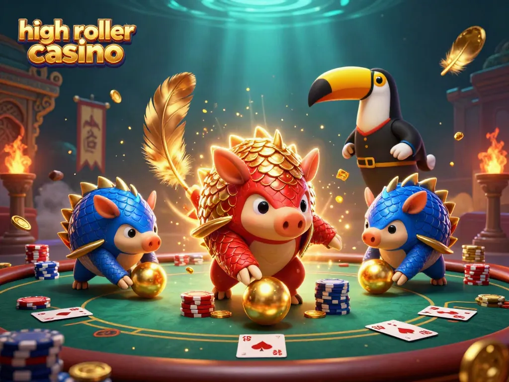 Engage in high roller casino excitement as rival pangolins roll poker chips under a vibrant arena.