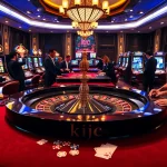 Excited players placing bets at a luxurious KJC-themed casino roulette table.