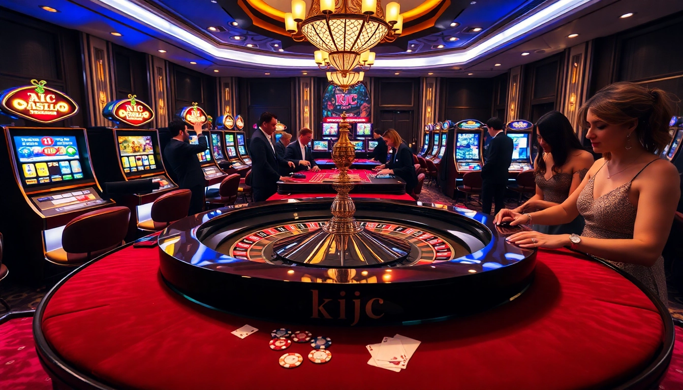 Excited players placing bets at a luxurious KJC-themed casino roulette table.