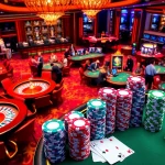 SV368 players enjoying an exciting game with poker chips and a roulette wheel in a luxurious casino setting.