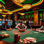 Experience the thrill of 8KBET in a vibrant casino setting with poker games and slot machines.