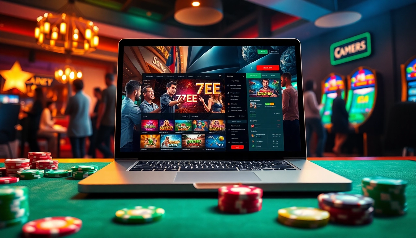 Engaging online gaming experience on the 77EE platform, showcasing diverse players and vibrant casino elements.
