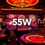 Action-packed online casino interface featuring slots and poker tables on the 55WW platform.