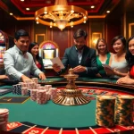 Excited players engaging at a luxurious casino table while enjoying 99OK com gambling experience.