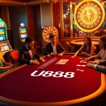 Experience the thrill of U888 poker at a luxurious casino table filled with vibrant chips and cards.